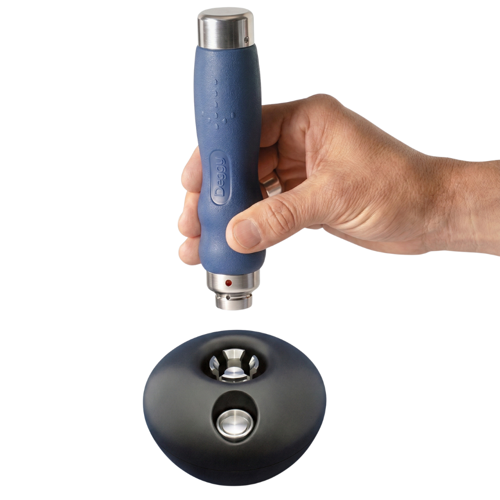 Deggy Steel Pen being placed into Deggy Download Station for data download