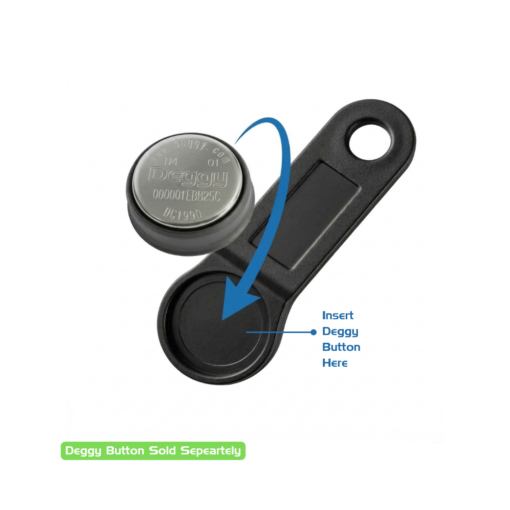 Deggy Key FOB with Deggy Button installation showing how the button is inserted into the holder.