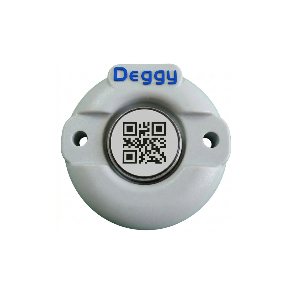 Deggy AI Button QR checkpoint installed in mounting bracket for wall or inspection point installation.