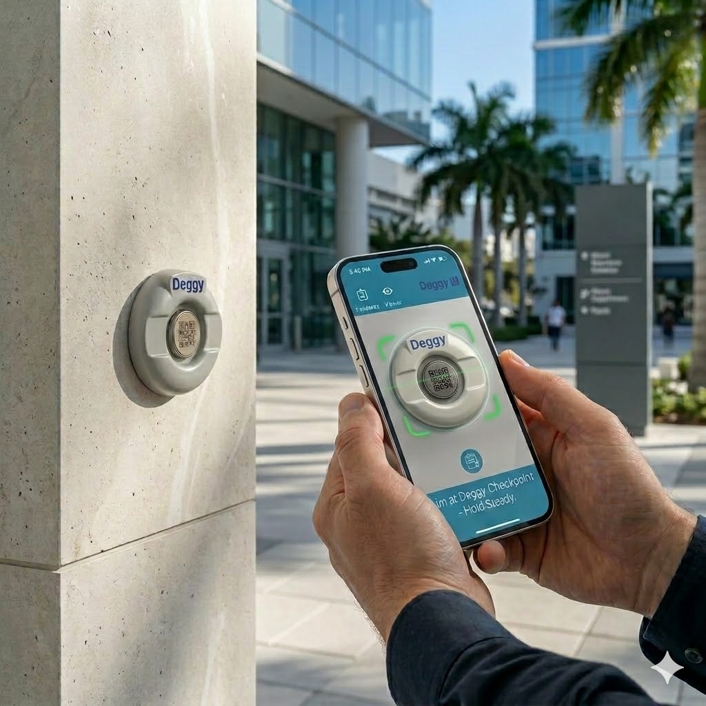 Security guard scanning Deggy AI Button QR checkpoint using smartphone with the Deggy Guard Tour AI App.