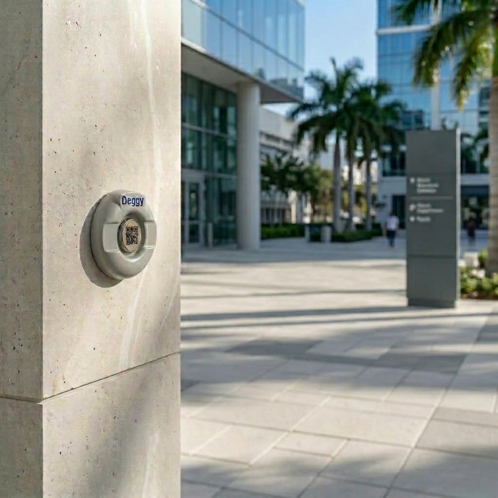 Deggy AI Button QR checkpoint mounted on outdoor post for security patrol and facility inspection scanning.