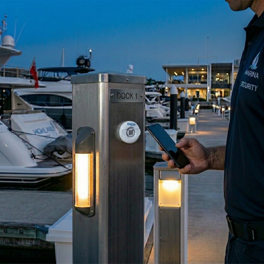 Personnel scanning Deggy AI Button QR checkpoint using smartphone with the Deggy Guard Tour AI App.